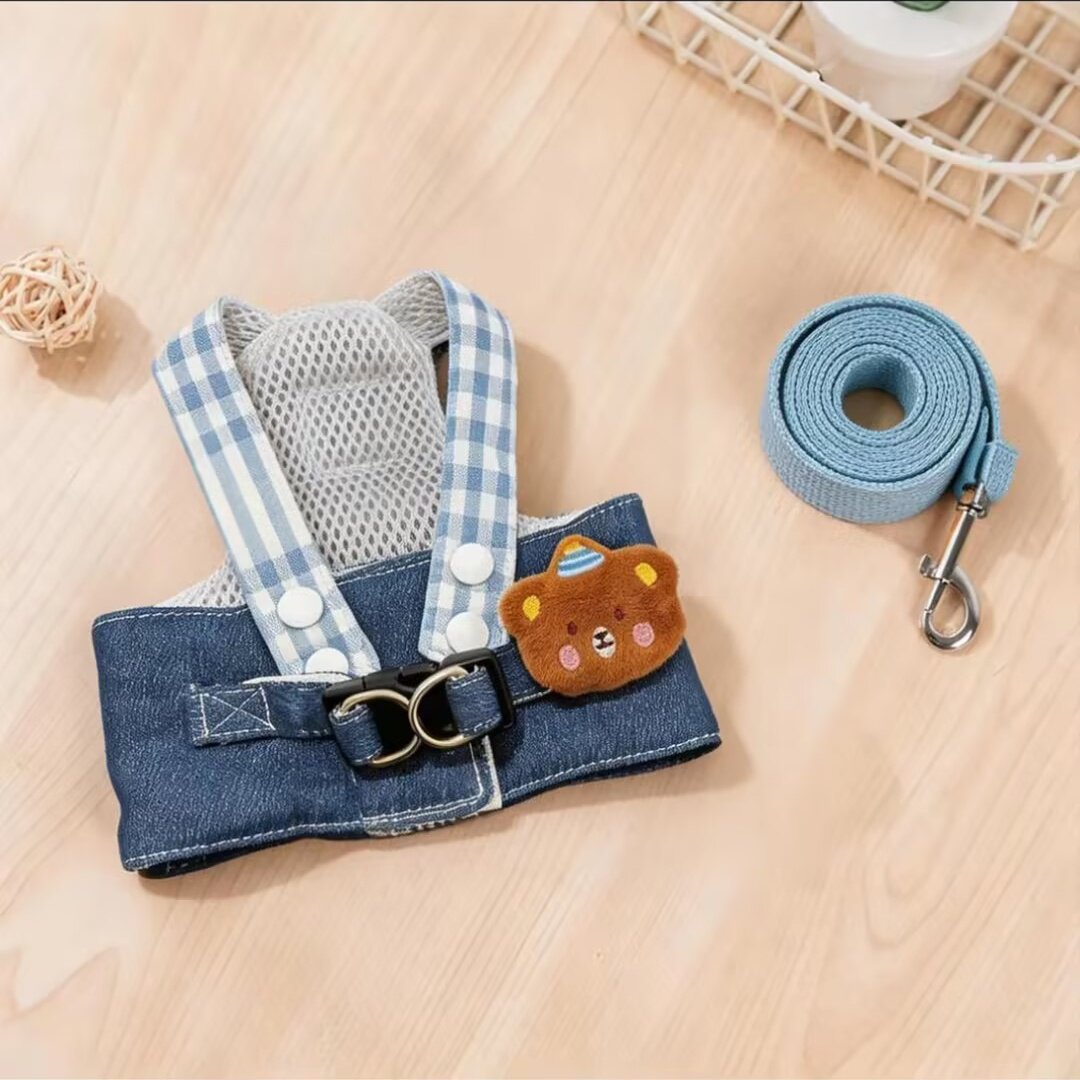 Denim and check pet harness and hat set, ideal for everyday use