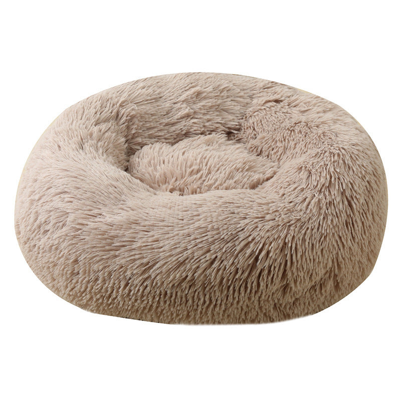 Light grey round long plush pet bed for cats, photo 13
