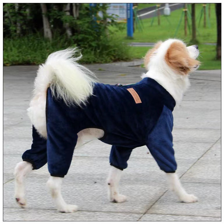 Coral velvet four-leg dog coat for small dogs in Leopard Print, side view