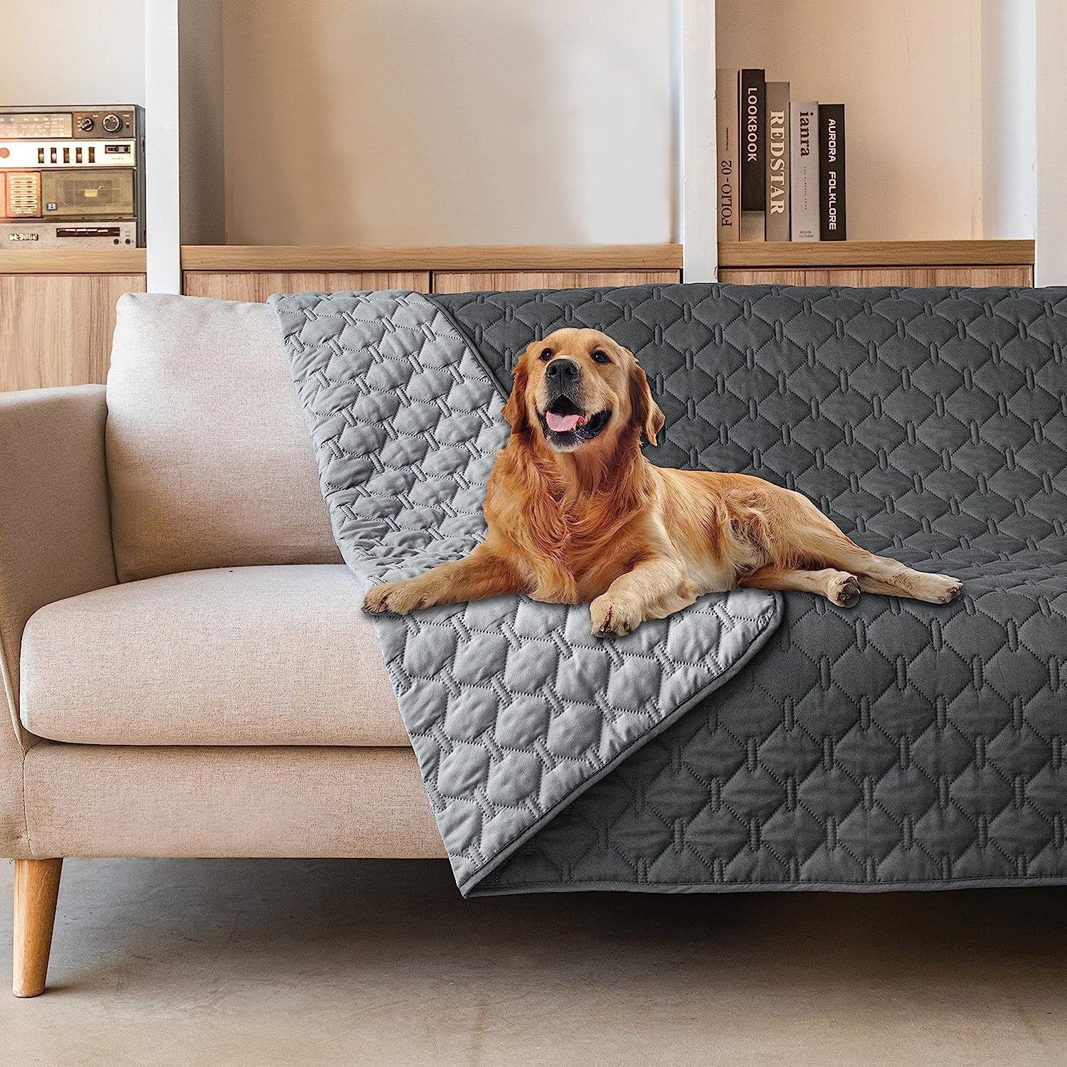 Waterproof pet sofa cover and protector, full product photo
