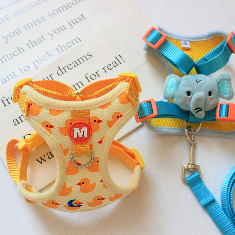 Cute duck dog harness and lead set in Happy Elephant with Lead, close-up detail