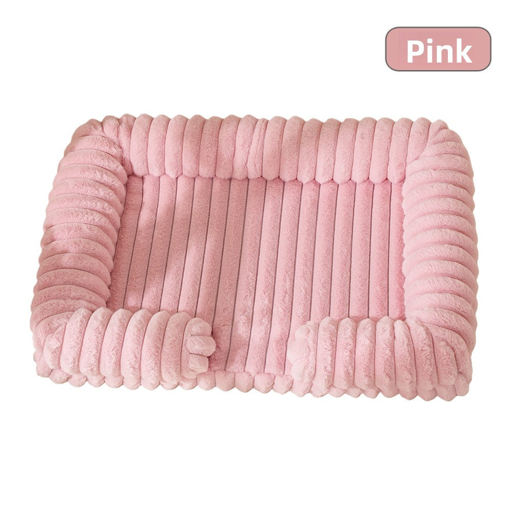 Cat sleeping in a beige warm pet bed in medium size