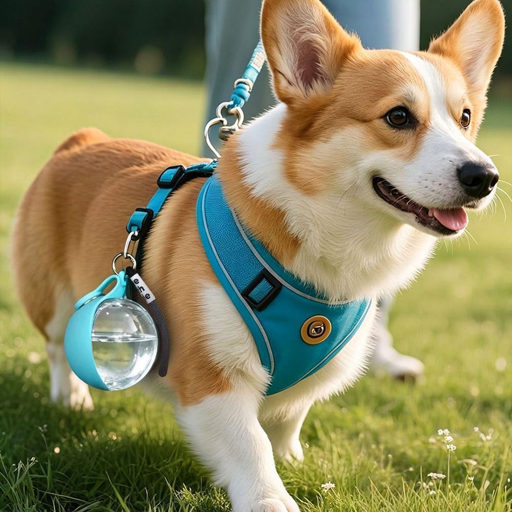 Blue foldable portable pet water bottle for walks, view 2