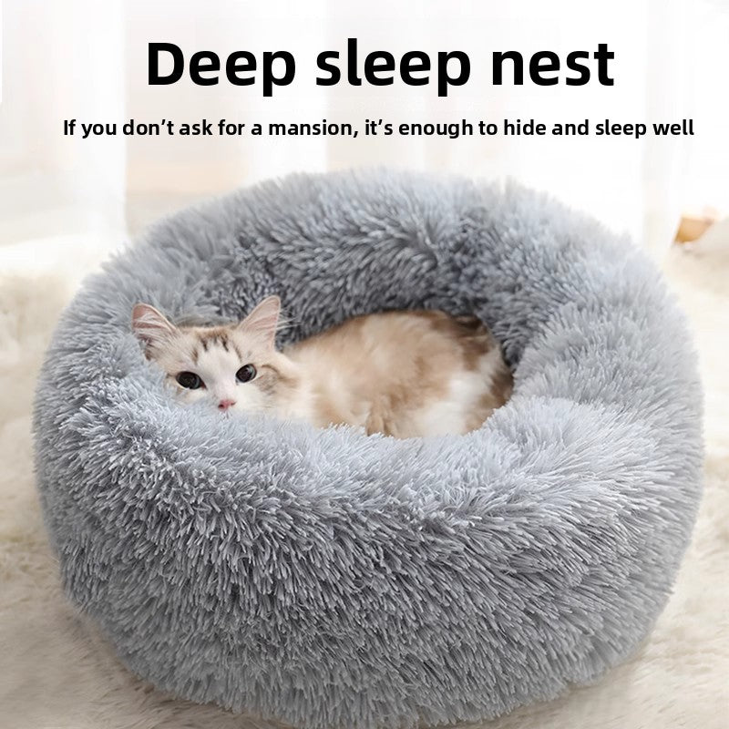 Grey thick velvet donut cat bed with plush padding