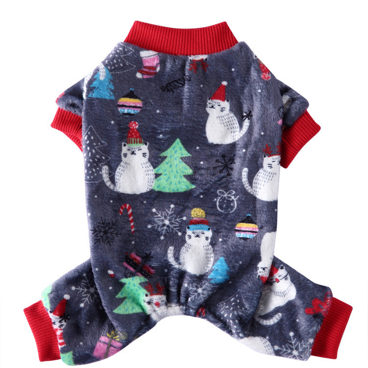 Coral fleece four-leg dog jumpsuit with holiday print, in a home setting