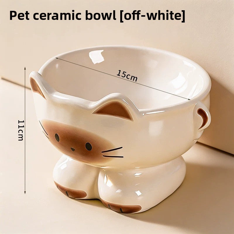 Ceramic cat ear food bowl with tilted rim in off white, view 6