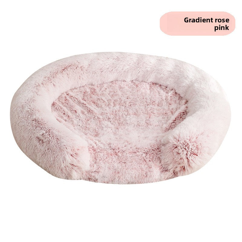 Plush round donut bed for cats and dogs in Light Brown, product detail photo