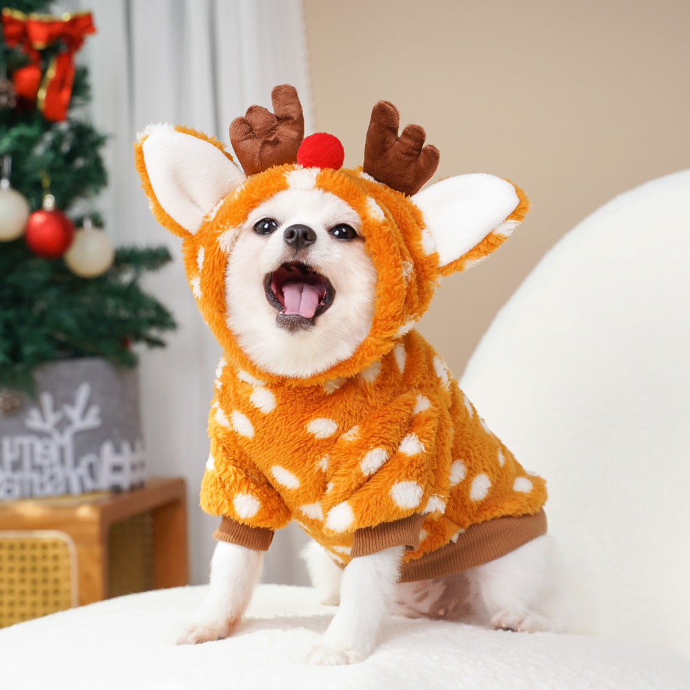 Fleece lined Christmas reindeer costume for pets in Spotted Reindeer, close-up detail