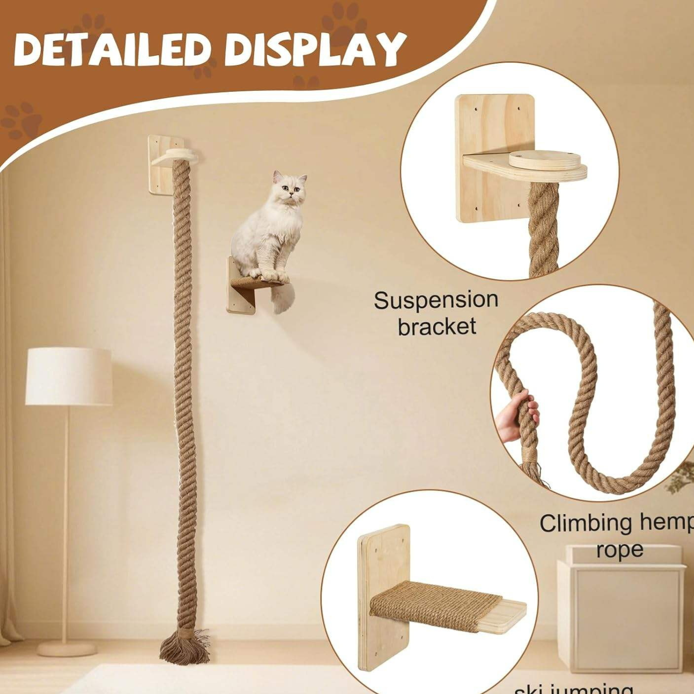Wooden wall-mounted cat climbing platform with jute rope, photo 4
