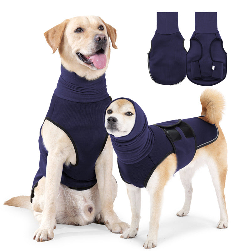 Reflective dog comfort vest with snug fit in Navy Blue, in a home setting