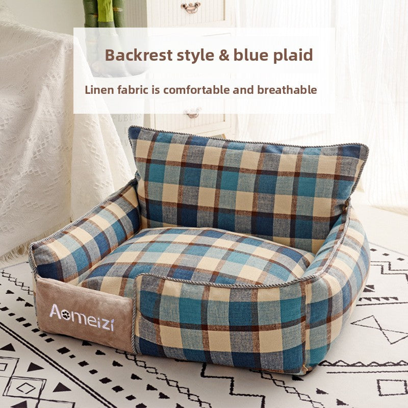 Washable cotton dog bed in plaid, full product photo