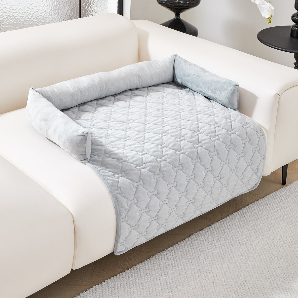 Large plush dog bed mat with pillow in Light Grey, size 75 x 75cm
