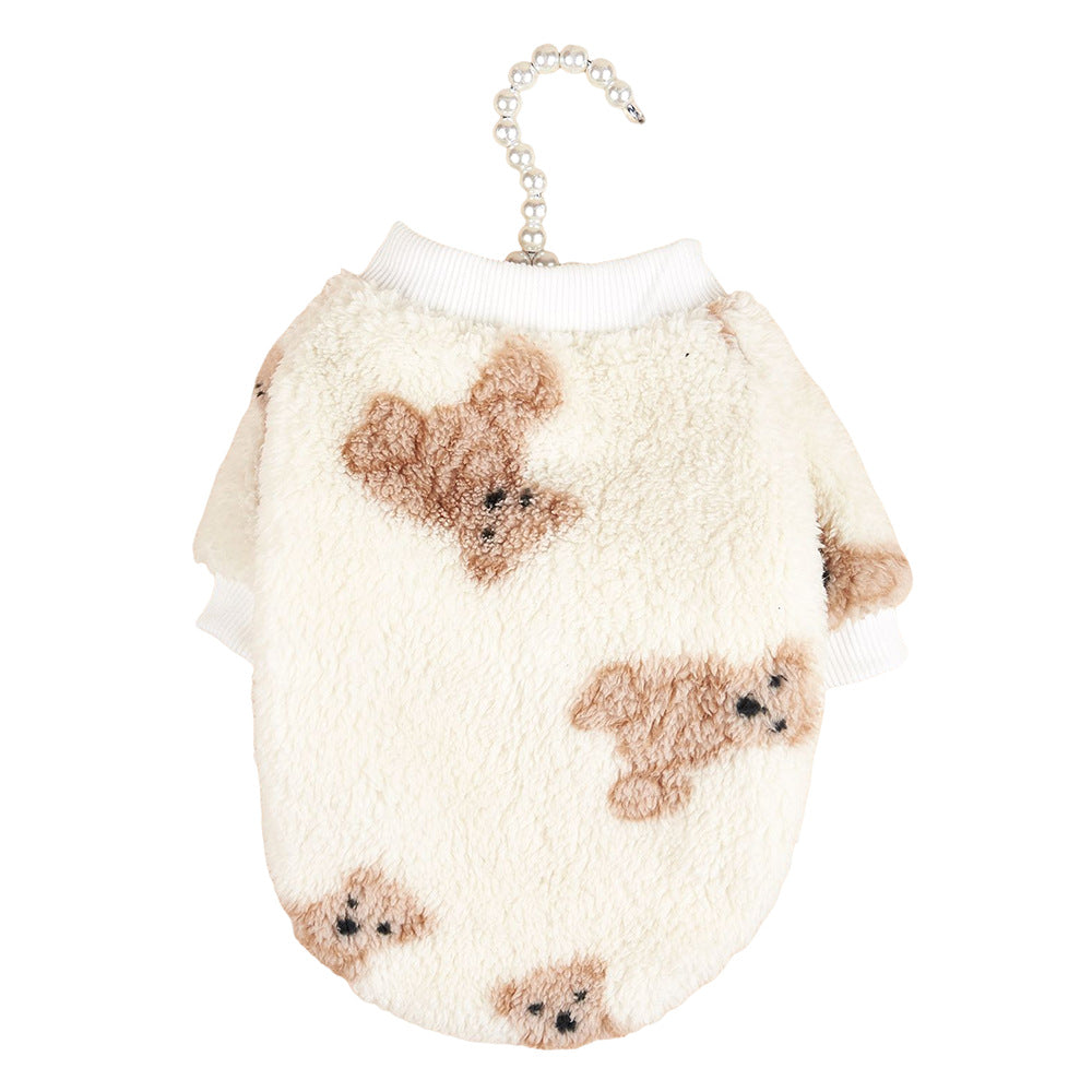 Plush bear print dog jumper for autumn and winter in Bear Print, top view