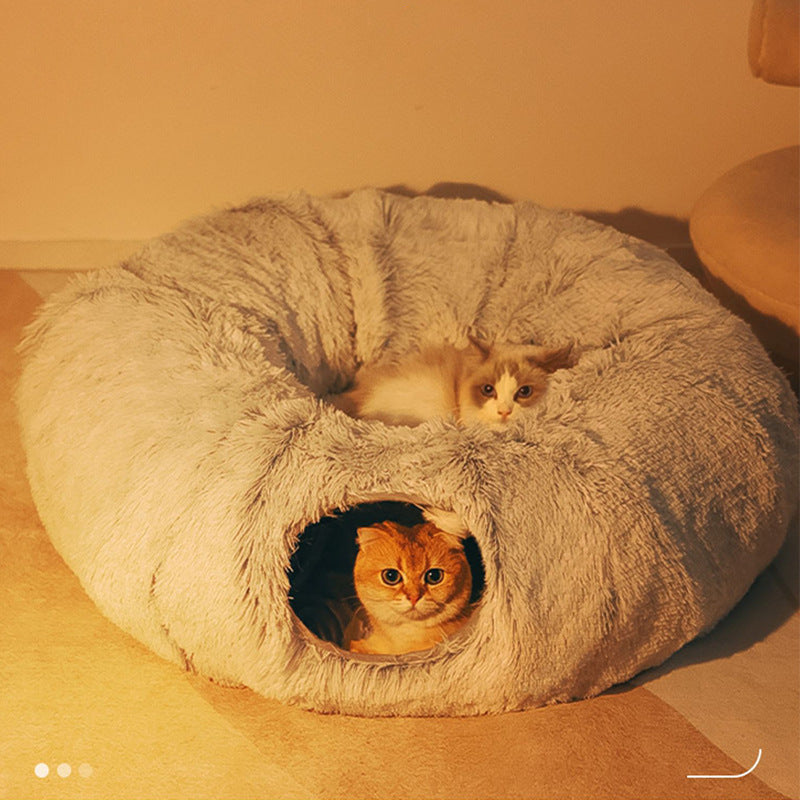 Grey foldable long plush round cat tunnel bed, view 4
