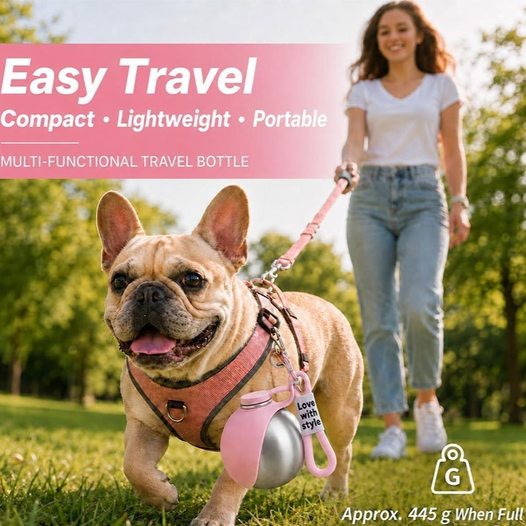 Pink foldable pet water bottle with built in bowl, view 2