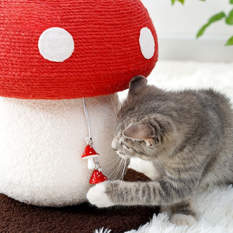 Red mushroom cat scratching post with hanging ball, photo 3 of 12