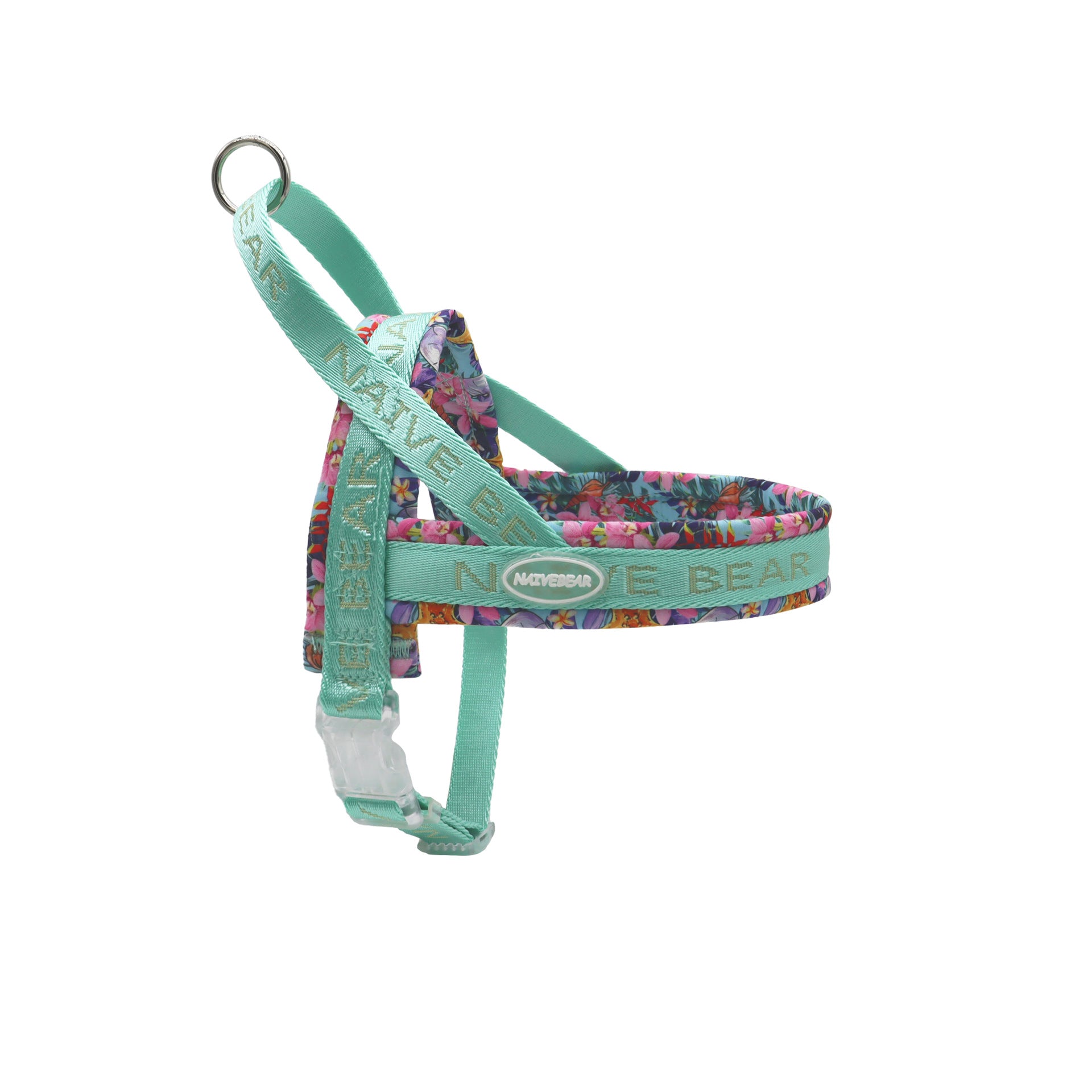 Printed saddle dog harness in cyan blue with retractable lead