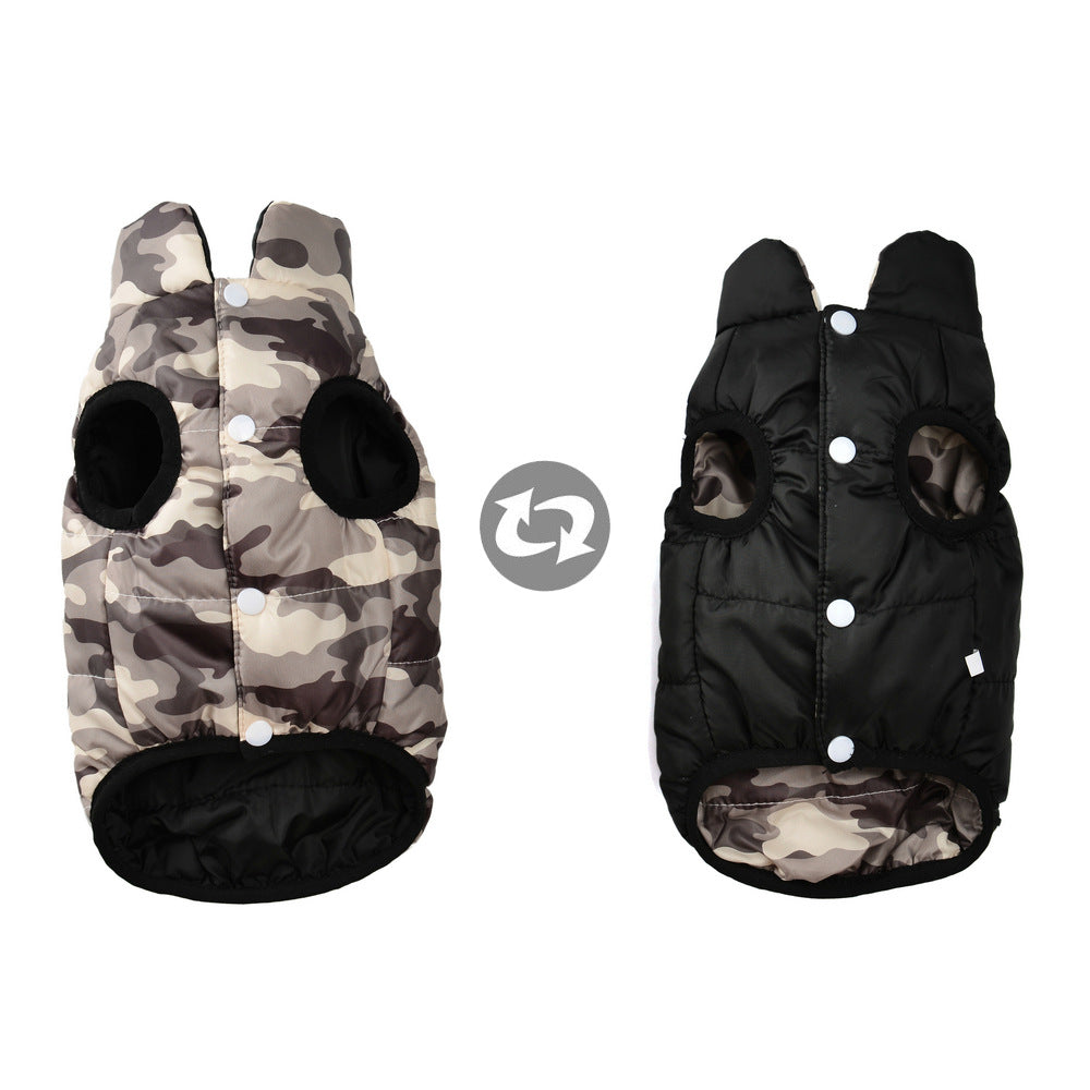 Reversible high collar dog winter vest in Pink Camouflage, top view