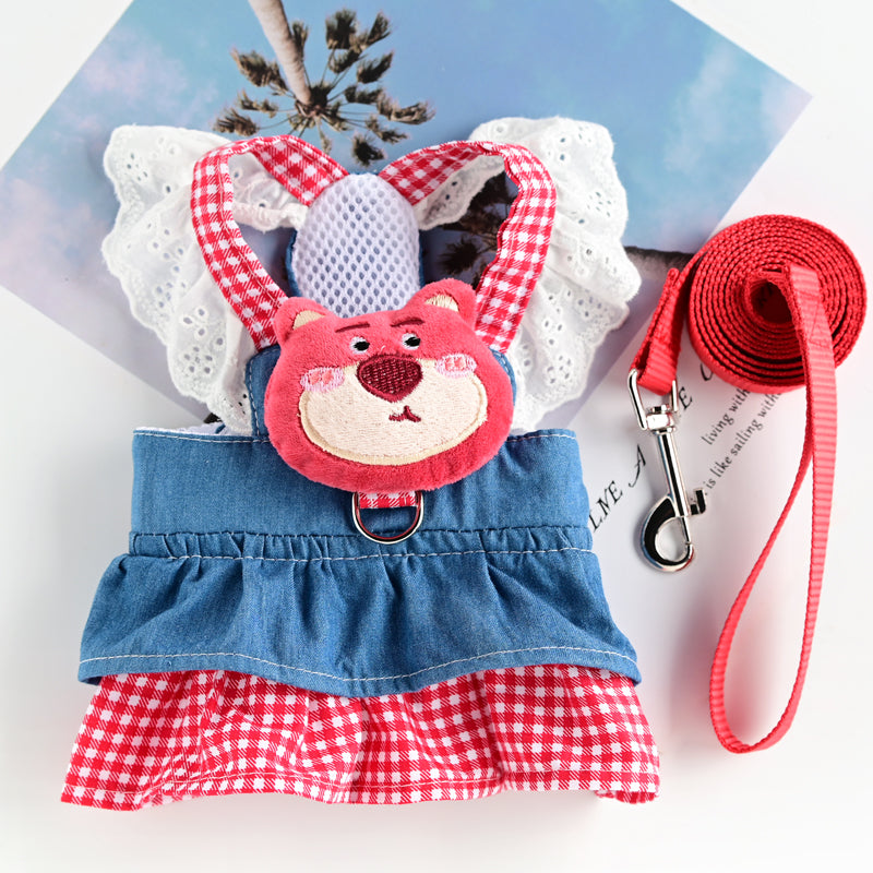 Princess cotton dog dress with matching lead, showing size and shape