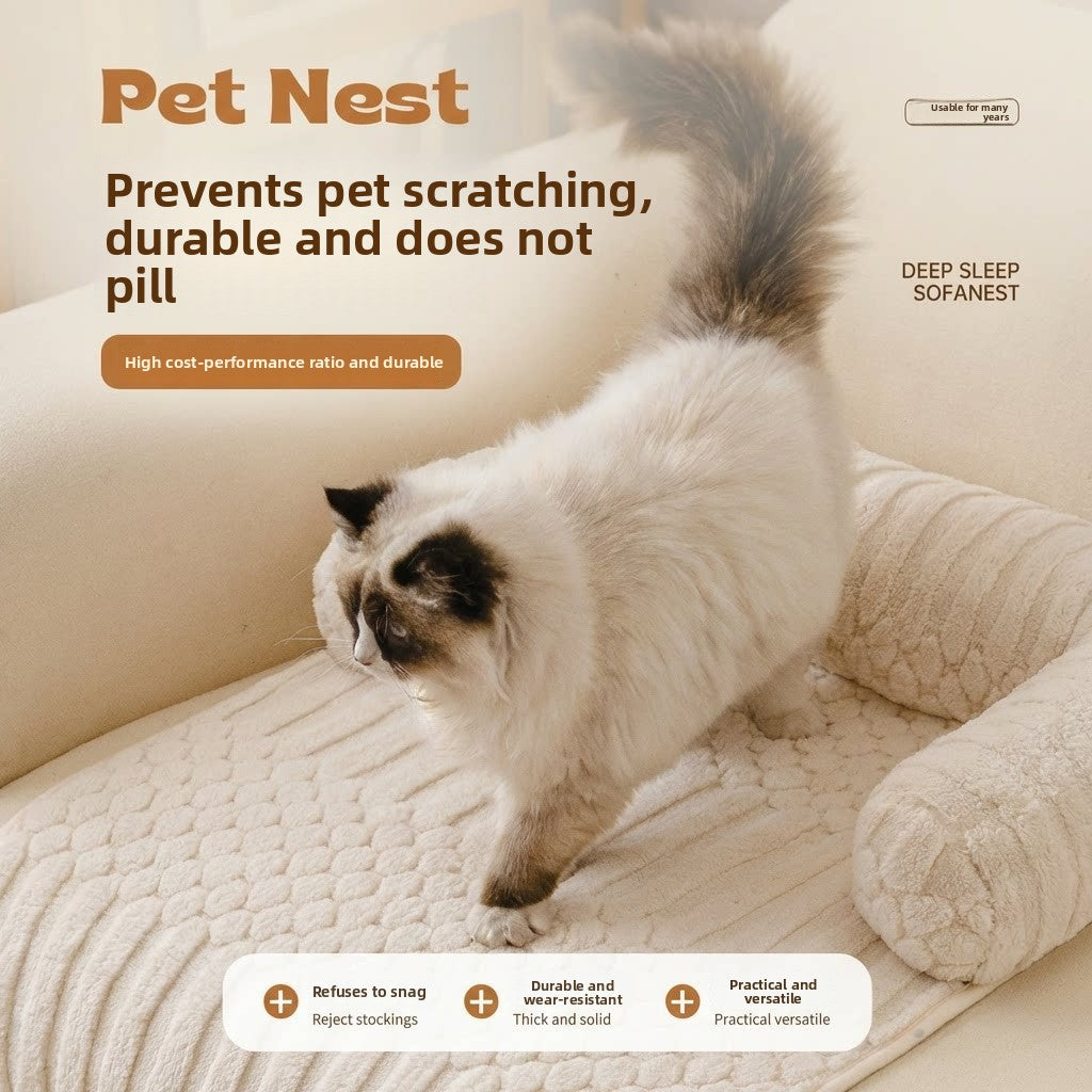 Light grey machine washable pet mat on a sofa