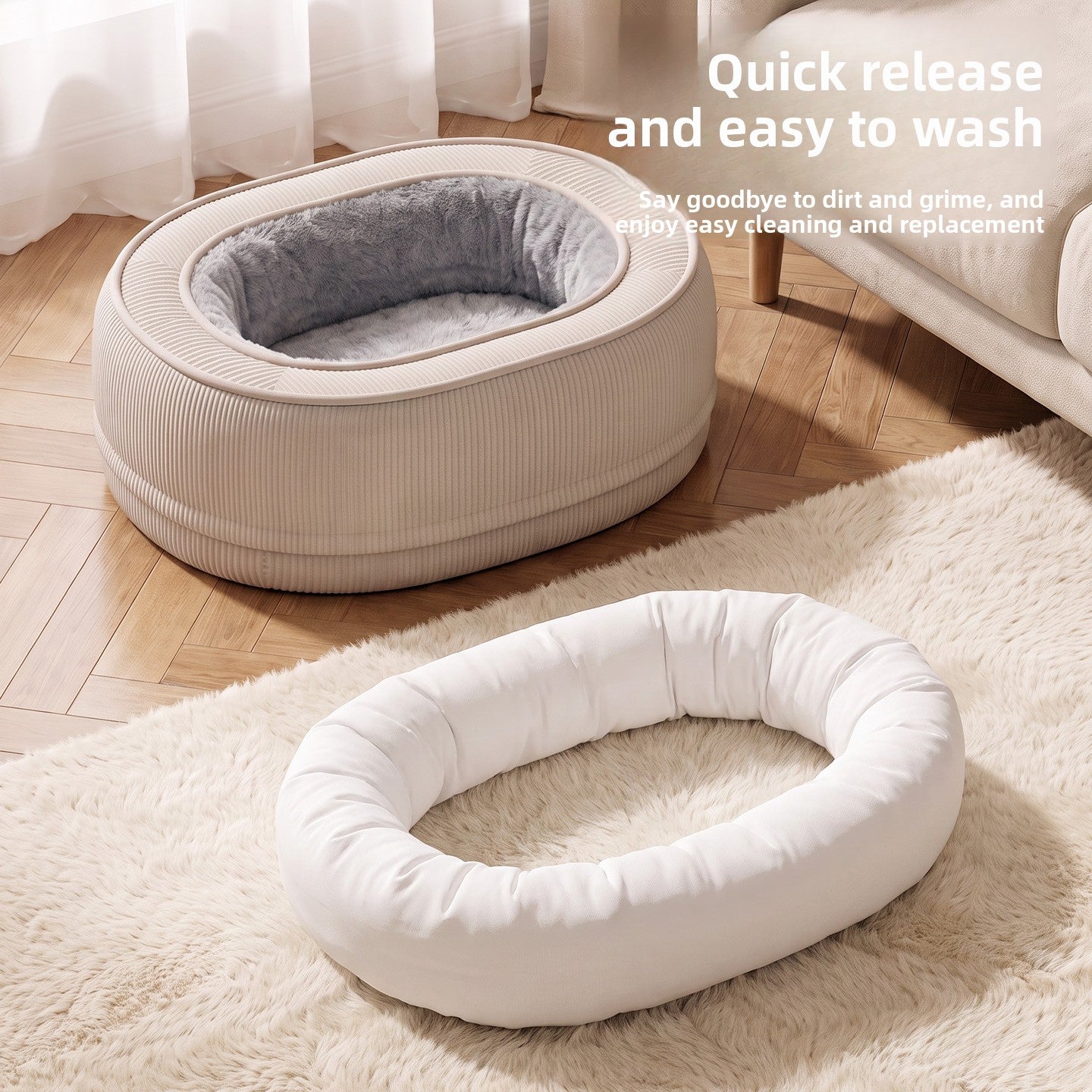 Corduroy Oval Pet Sofa Bed with Removable Washable Cover