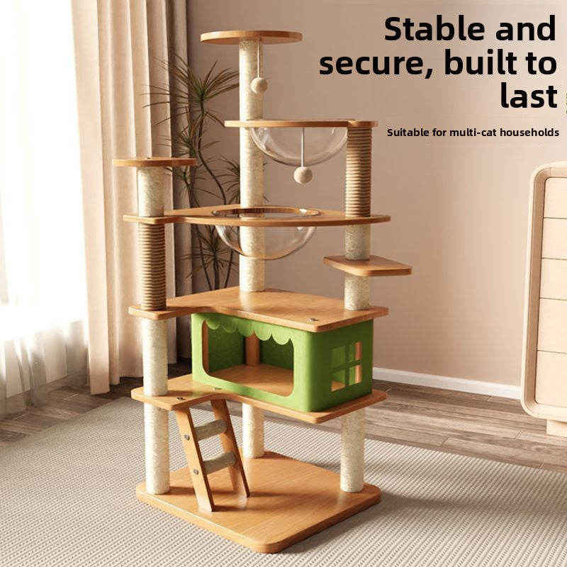 Pine green multi-level cat climbing tower with sleeping pods