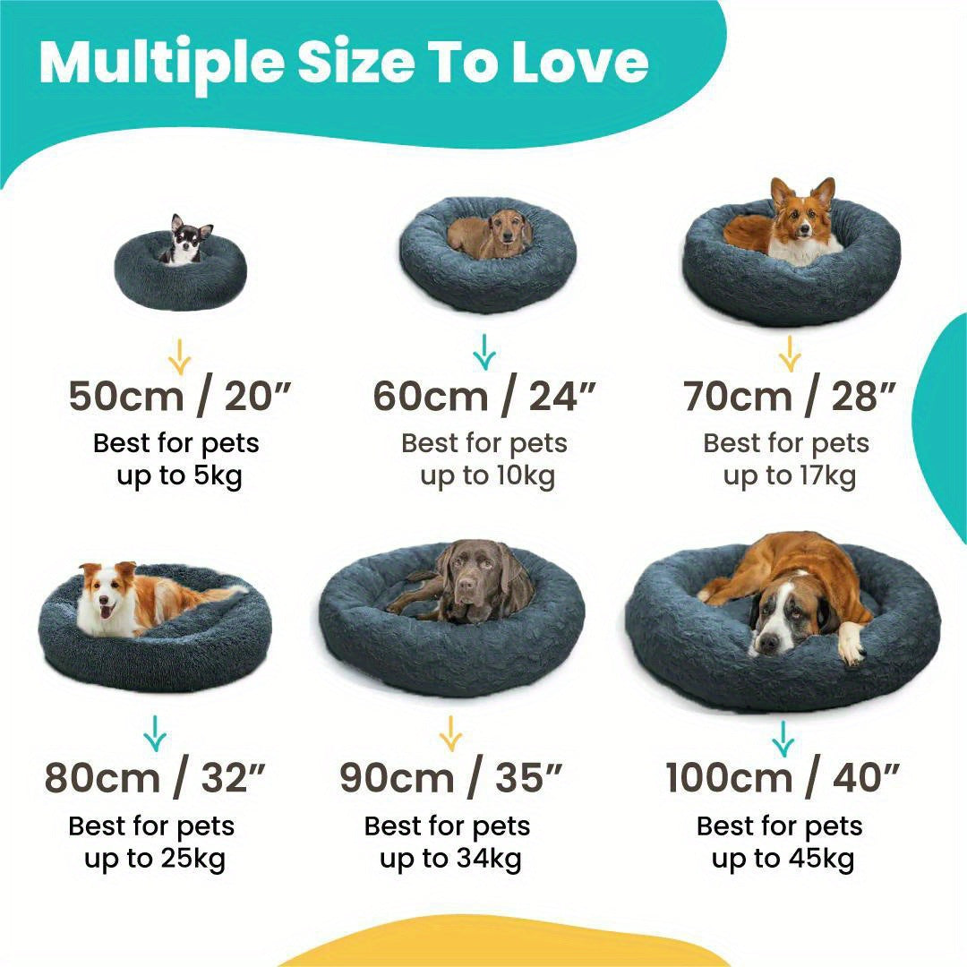 Brown round plush donut dog bed with raised rim, view 2