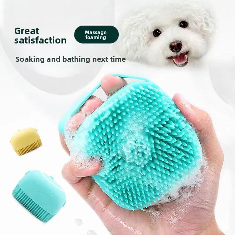 Pet bath brush with shampoo dispenser, alternative angle view