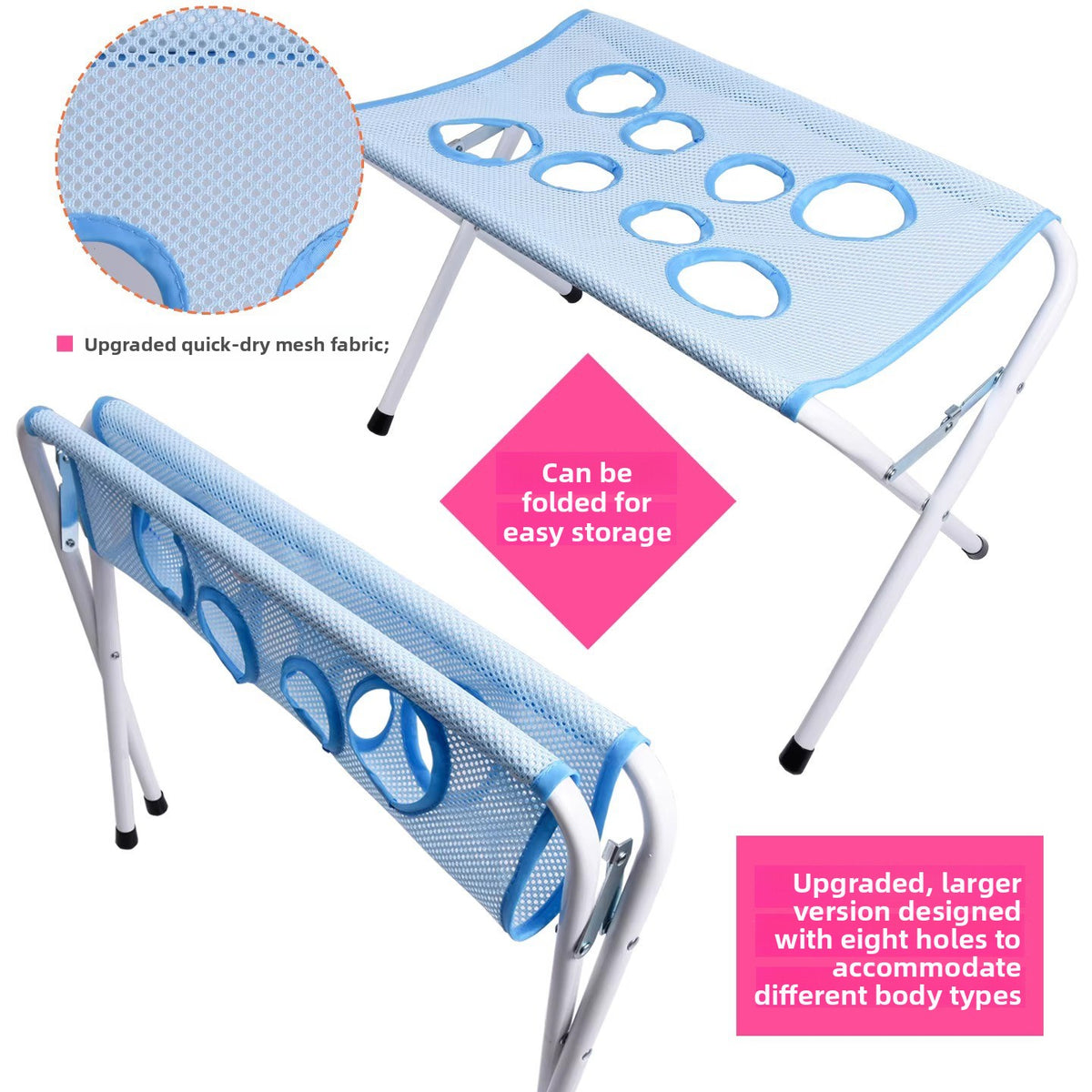 Pet grooming hammock with metal frame, shown in 3 colours and styles