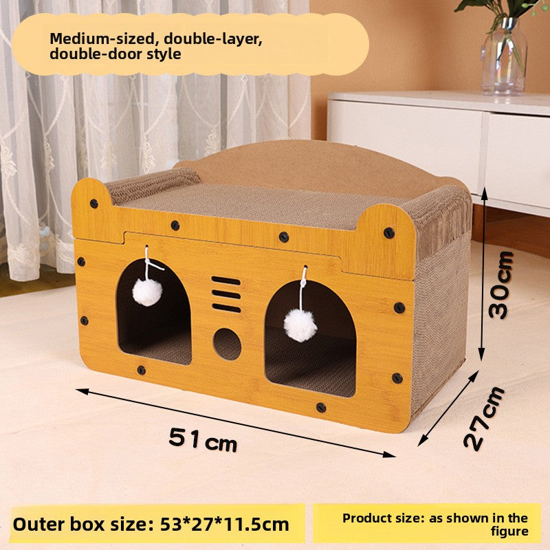 Corrugated cardboard cat scratcher house and den, product overview photo
