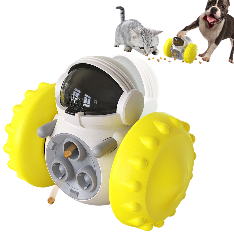 Interactive Cat Food Dispensing Toy with Wobbling Robot or Tumbler Design and Slow Release
