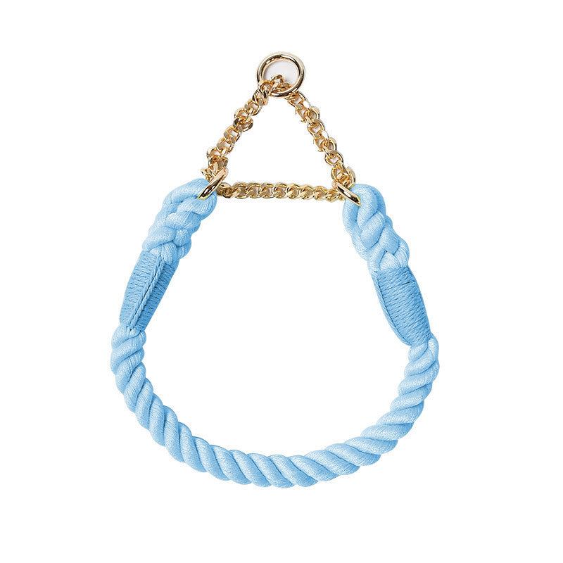 Woven rainbow dog lead with gold coloured clip