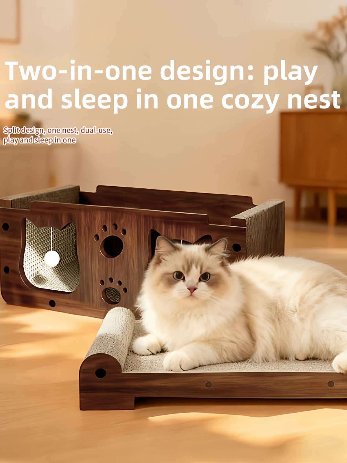 Two tier cardboard cat house with scratching board and play balls, view 5 of 14