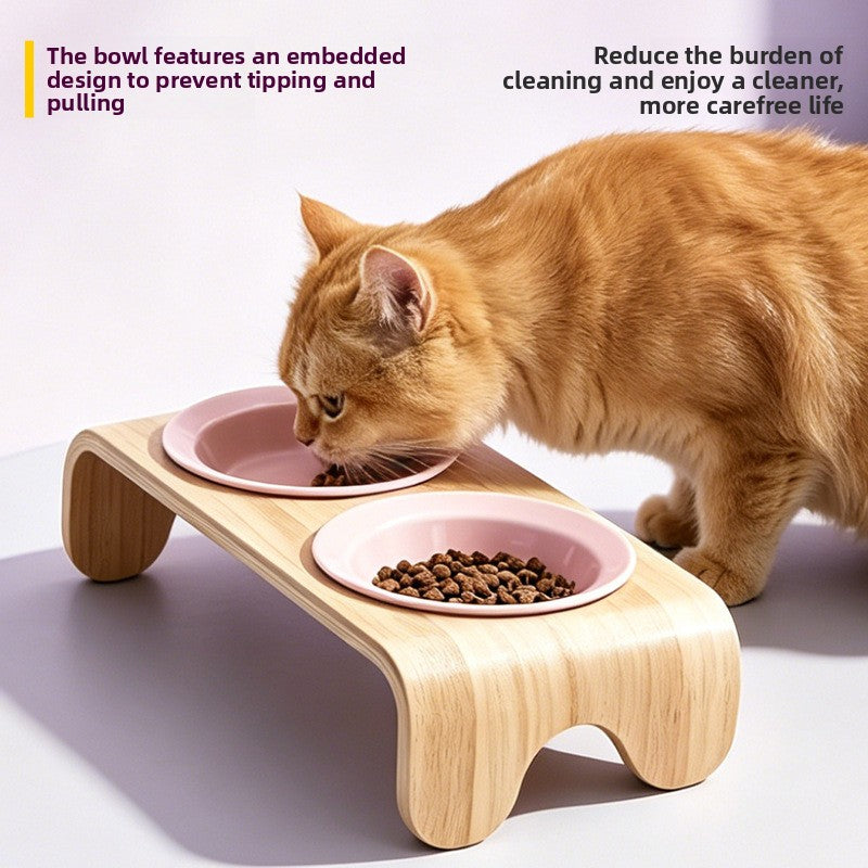 Curved Solid Wood Pet Bowl Stand with Ceramic Double Bowl in Glossy or Matte Colours