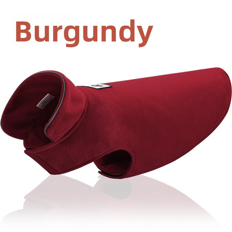 Reversible polar fleece dog vest for winter warmth, in use with a pet
