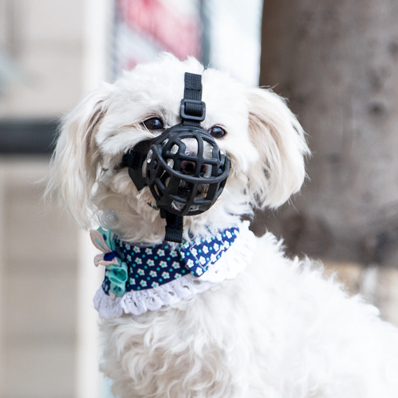 Adjustable silicone basket dog muzzle in black, view 1