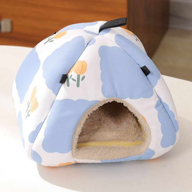 Small pet yurt den in blue and white tulip fabric