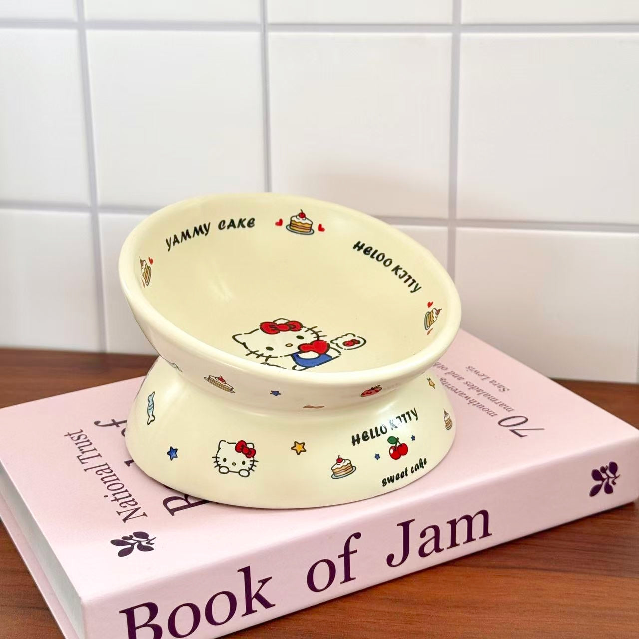 Elevated Ceramic Cat Bowl with Slanted Mouth and Cute Cartoon Design