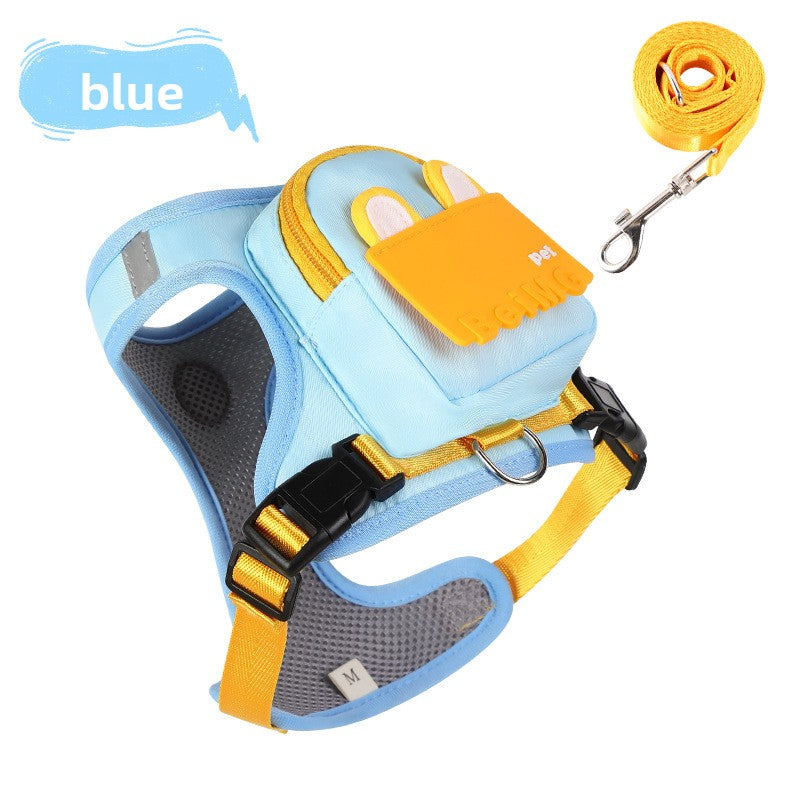 Small dog harness with backpack and lead, available from Pet Royale UK