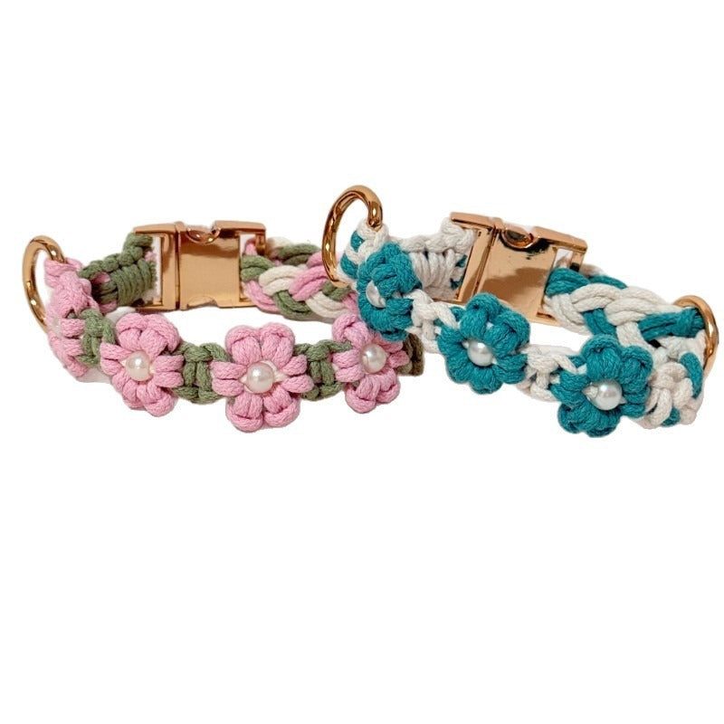 Handmade woven boho pet collar with pearl flowers in Light Green, showing size and shape