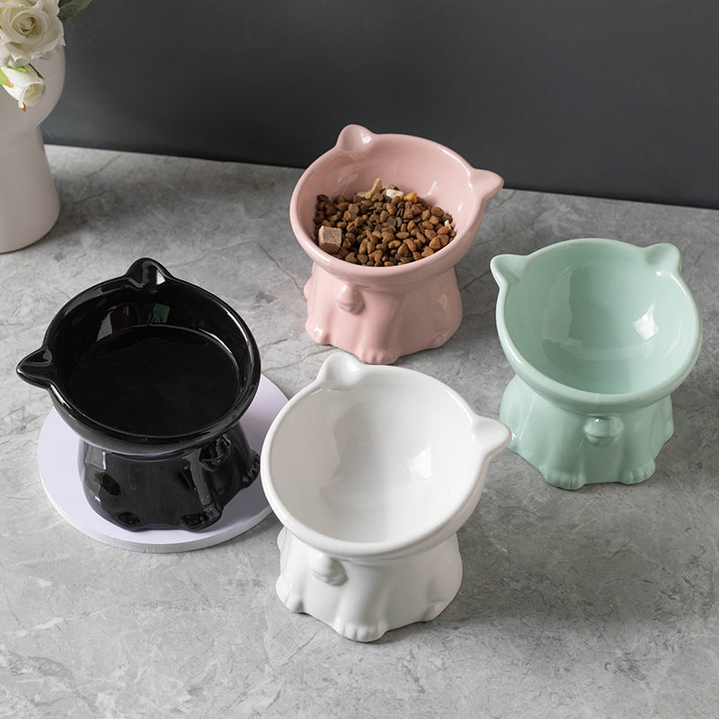 Cute Ceramic Raised Cat Bowl with Bell Detail and Anti-Spill Stable Base in Four Colours