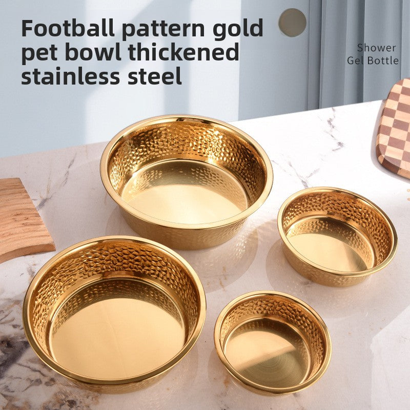 Gold stainless steel pet bowl with football pattern and non slip base, view 1