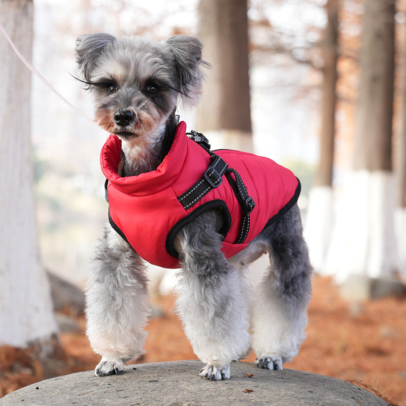 Padded cotton dog jacket with built-in lead vest in Navy Blue, side view