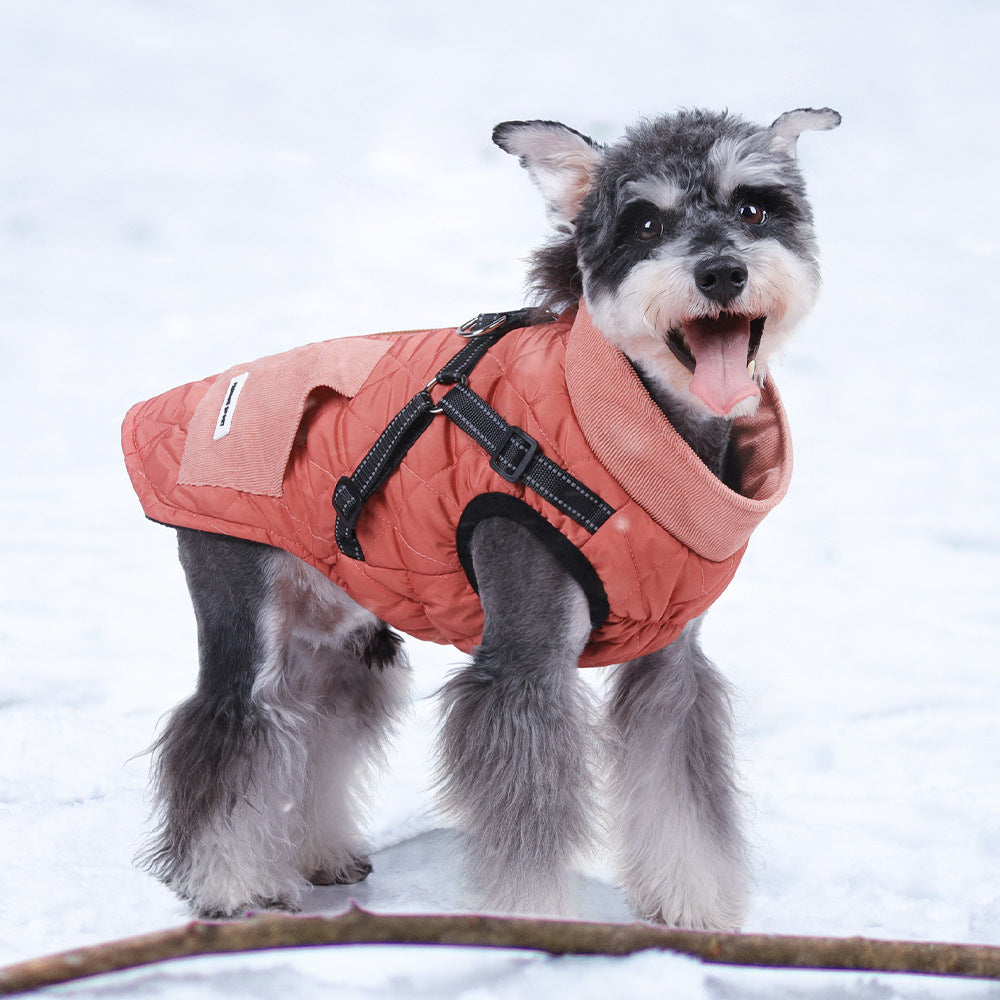 Fleece lined two-leg dog jacket with reflective details in Melon Red, front view