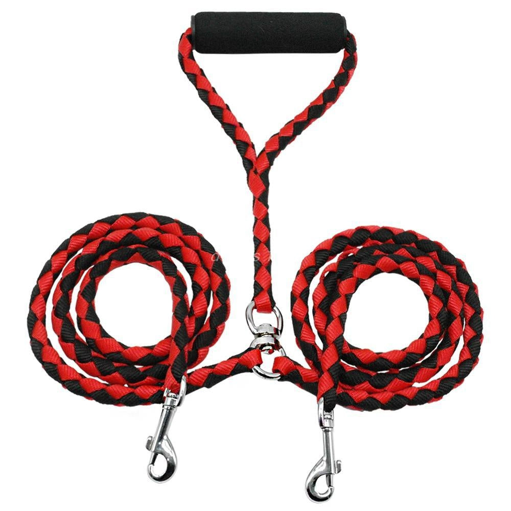 Double-headed braided rope lead for two dogs, close-up detail view