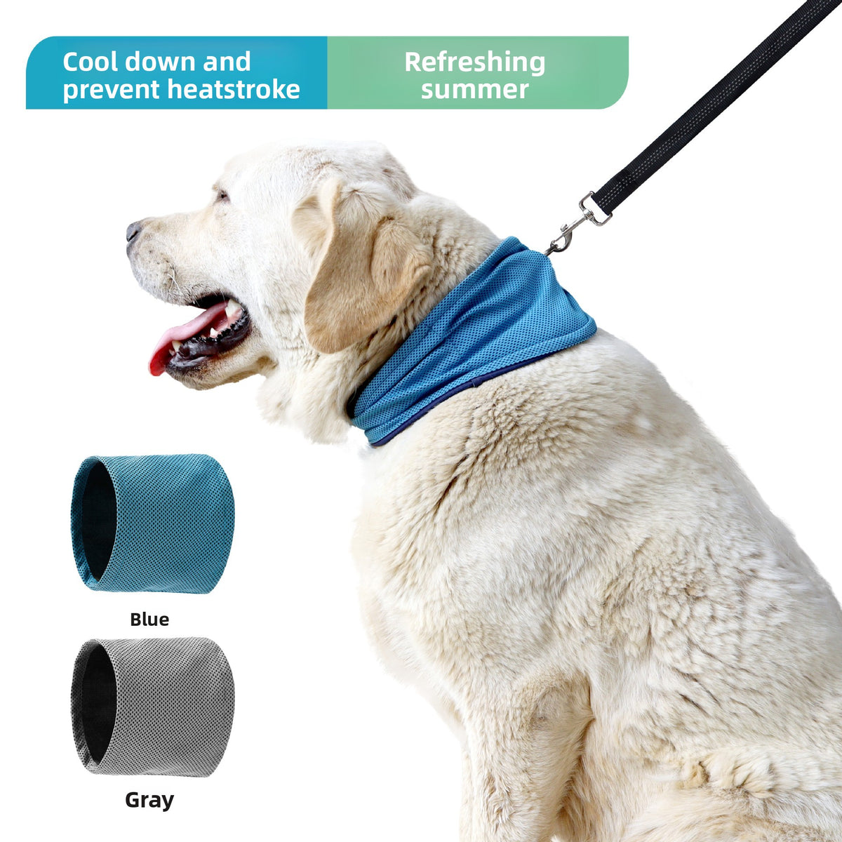Adjustable cooling scarf for dogs in Blue, front view