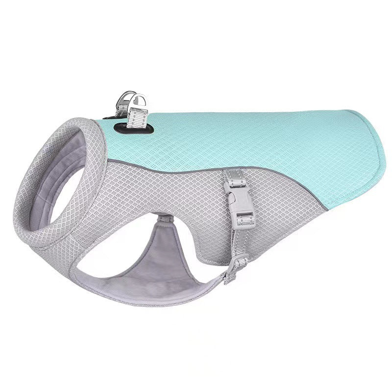 Lightweight summer dog vest with reflective trim in Blue, in use with a pet