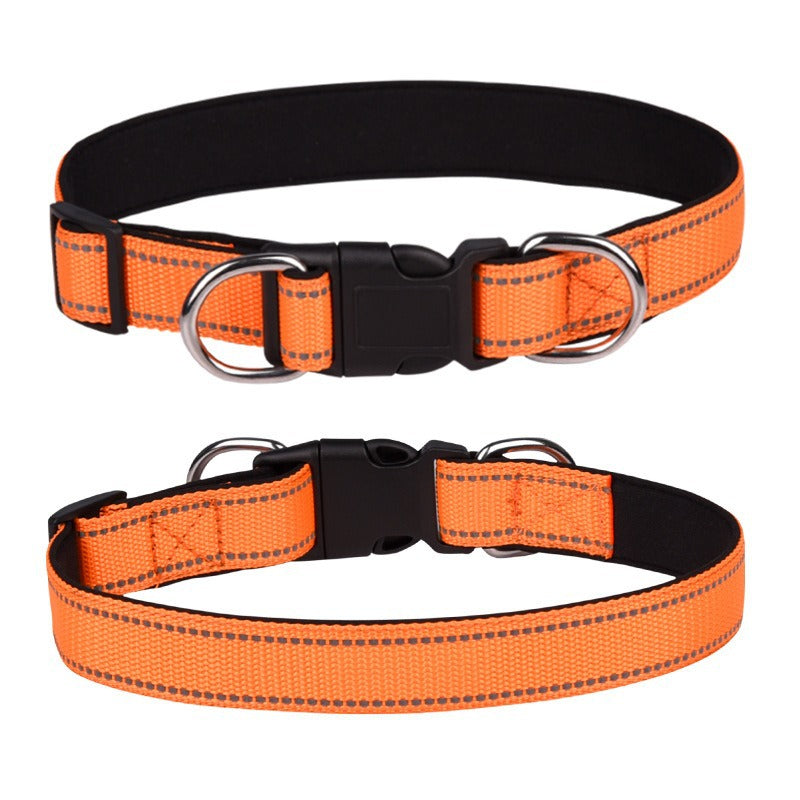 Reflective padded dog collar with locking buckle in Orange, showing size and shape