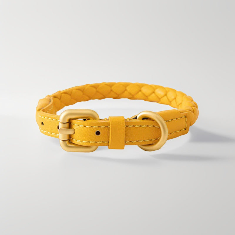 Woven leather look dog collar and lead in sunlight yellow