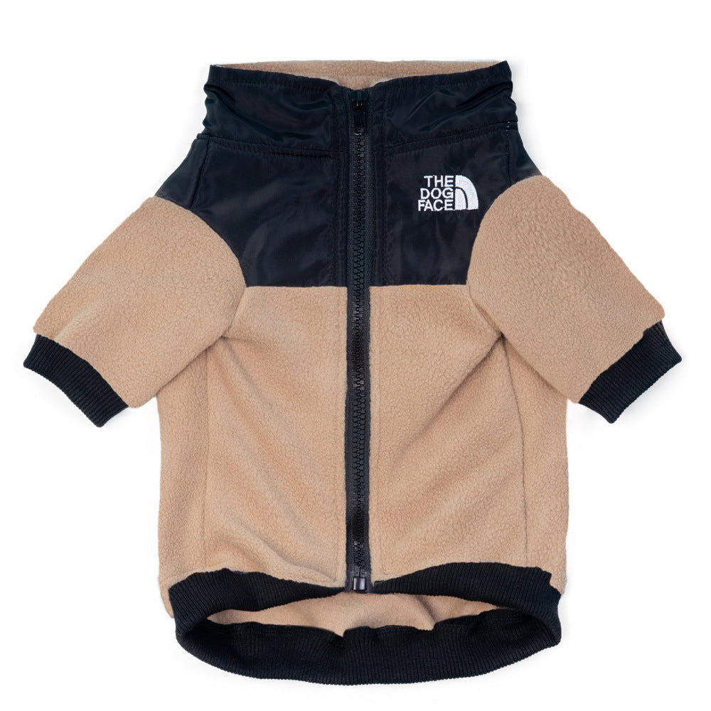 Embroidered fleece two-leg dog jacket in Black, in use with a pet